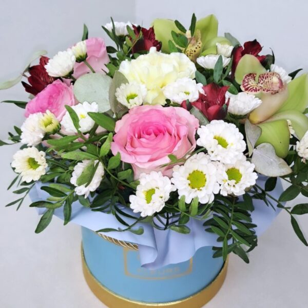 Blush Among the Clouds pink and white flower box with roses white chrysanthemums pink alstroemeria and orchids