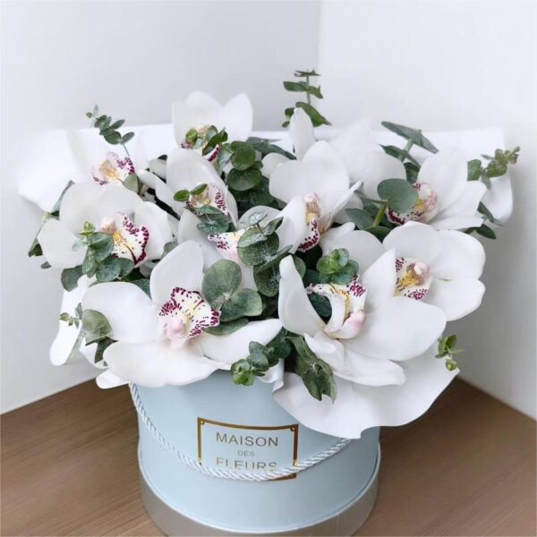 White Silence white orchid flower box with white orchids and fresh eucalyptus