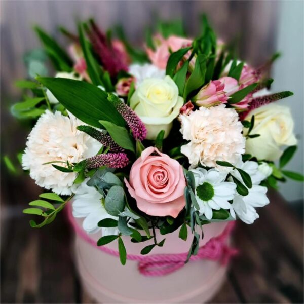 Gentle Joy rose and chrysanthemum box with roses white chrysanthemums pink carnations alstroemeria and greenery