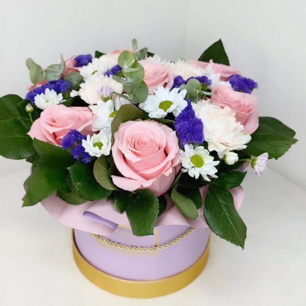 Rosy Little Secret pink rose flower box with pink roses chrysanthemums statice and fresh eucalyptus