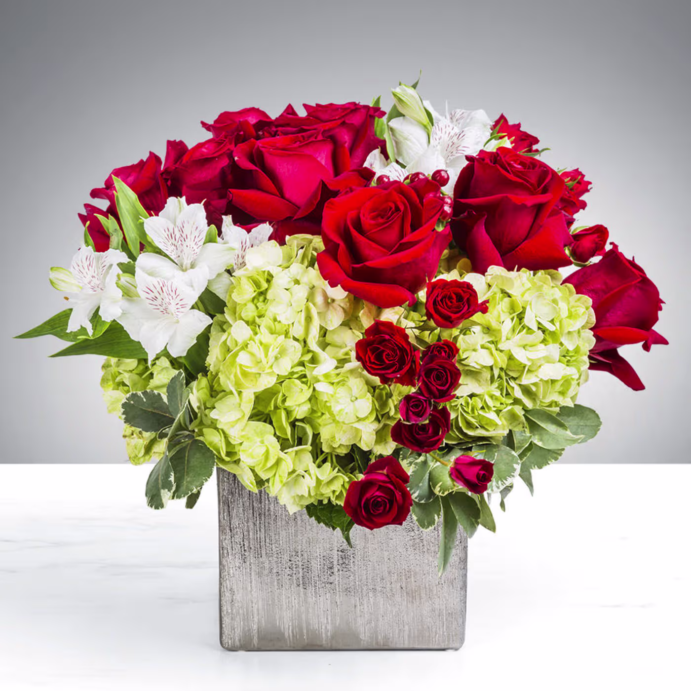 Winter Romance mixed flower vase arrangement with roses hydrangea chrysanthemums alstroemeria and spray carnations