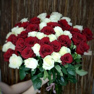 Two Colors One Love bouquet of 50 red and white roses