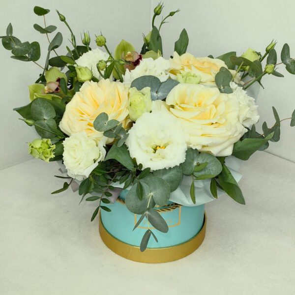 Floral Veil white rose and orchid flower box with eustoma eucalyptus and fresh greenery