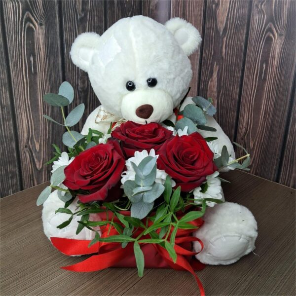 Hugs and Roses teddy bear with bouquet of red roses