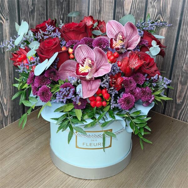 Color Rush colorful flower box with roses orchids santini chrysanthemums hypericum and fresh greenery