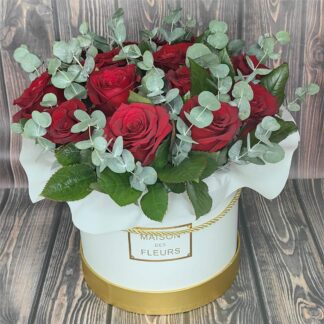 Rapture. Red rose with fragrant eucalyptus