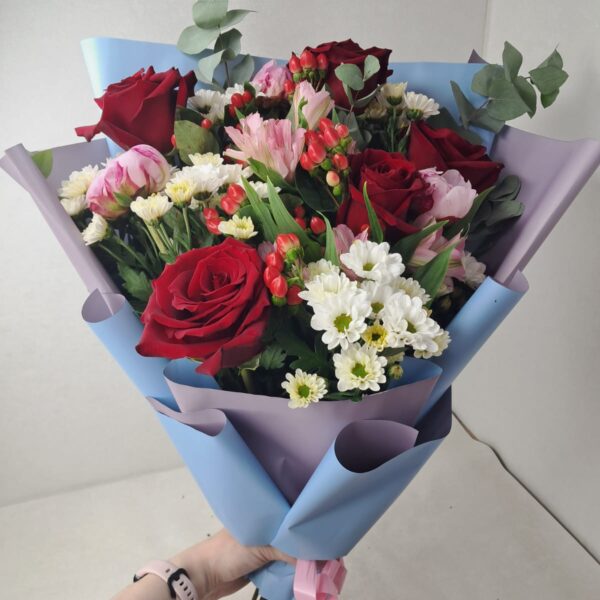 A Colorful Tale peony and rose bouquet with alstroemeria chrysanthemums hypericum and eucalyptus