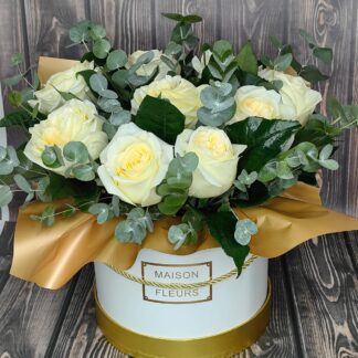 Gilded Dawn white rose flower box with eucalyptus fresh greenery and golden accents