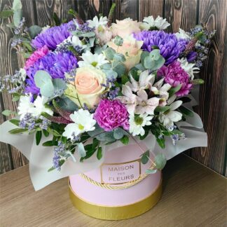 Magic rose chrysanthemum bouquet with carnations statice and fresh eucalyptus