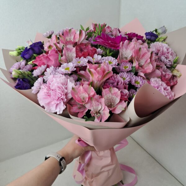 Pink Carousel mixed flower bouquet with alstroemeria chrysanthemums gerberas carnations and eustoma