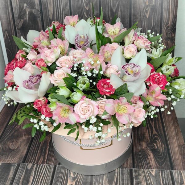 Summer in Pastels flower box with colorful spray roses orchids baby's breath and fresh greenery