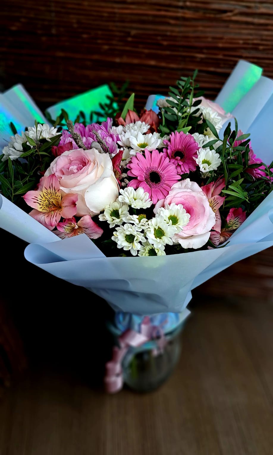 Fog of Dreams. Roses, Gerberas, Alstroemeria in Korean matte packaging