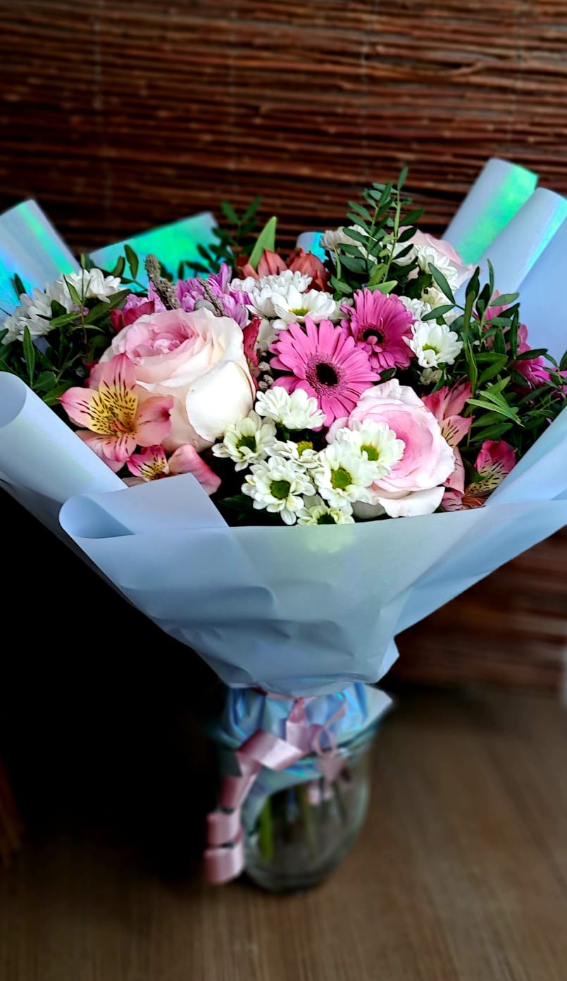 Fog of Dreams. Roses, Gerberas, Alstroemeria in Korean matte packaging - Image 2