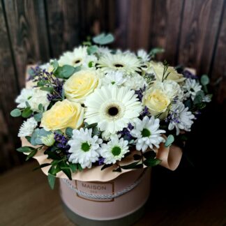 Gentle Sunbeam bouquet with white roses, gerberas, chrysanthemums and eucalyptus