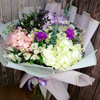 Fluffy Cloud. Hydrangeas, Alstroemeria, Spray Roses