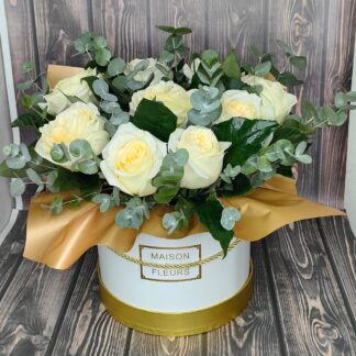 Business Bouquet in a White Box with White Roses and Eucalyptus