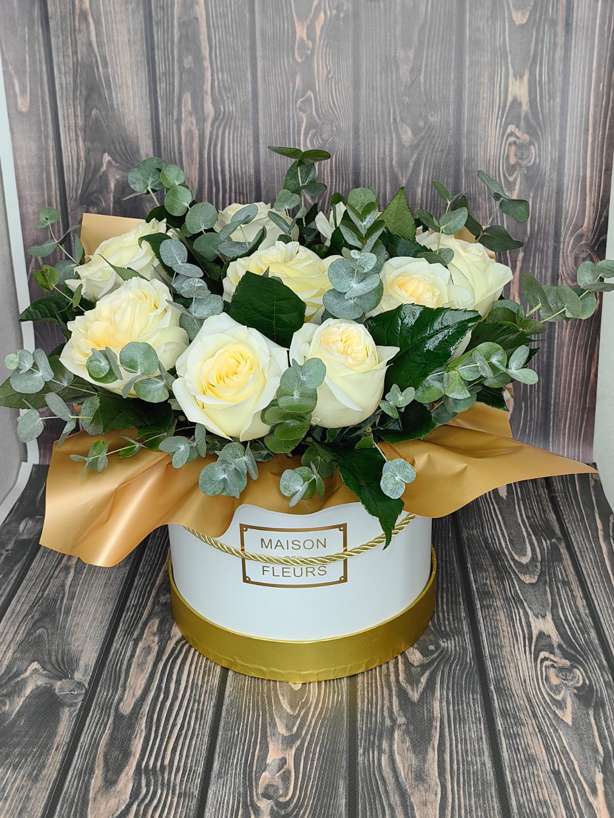 Business Bouquet in a White Box with White Roses and Eucalyptus