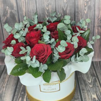 Business Bouquet in a White Box with Red Roses and Eucalyptus (Copy)