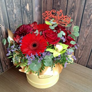 Business Bouquet in a Hat Box with Red Roses, Gerberas, and Orchids