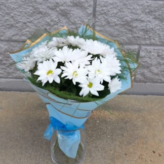 Blue Paper White Petals bouquet with white chrysanthemum flowers in blue wrapping