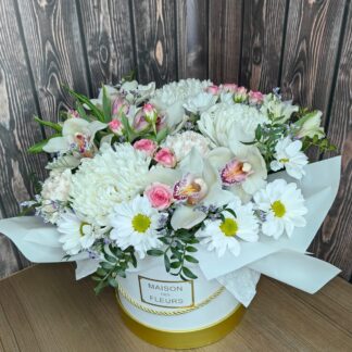 Elegant Bloom Box with orchids, chrysanthemums, roses and greenery in a stylish flower box