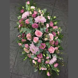 Funeral Floral Arrangement in Pink Tones with Roses, Lilies, and Chrysanthemums