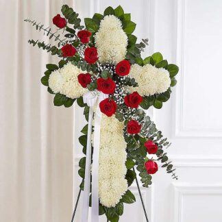 Funeral Cross with Chrysanthemums, Roses, and Eucalyptus