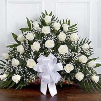 Funeral Bouquet with White Roses, Gypsophila, Eucalyptus, and Greenery