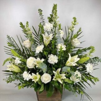 Funeral Arrangement with White Roses, Lilies, and Stocks