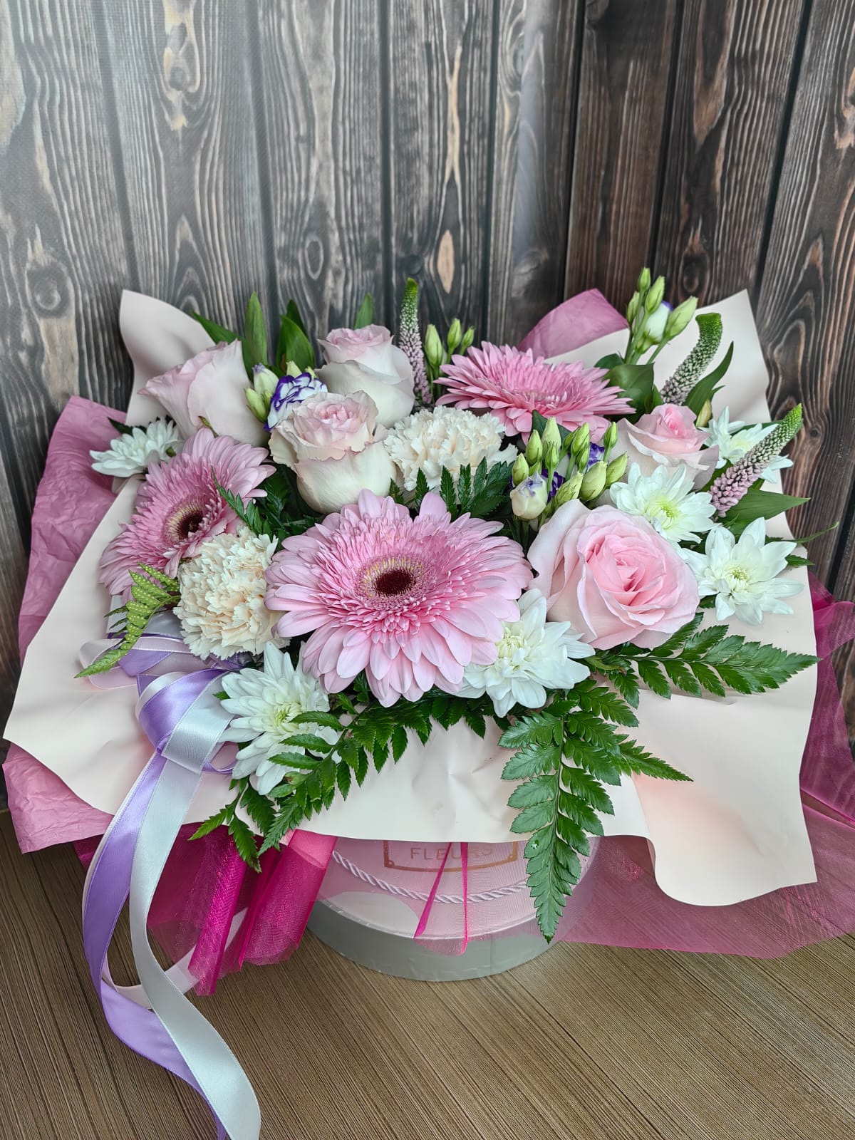 Business Flower Box with Pink Gerberas, Soft Pink Roses, Carnations, and Lisianthus - Image 5