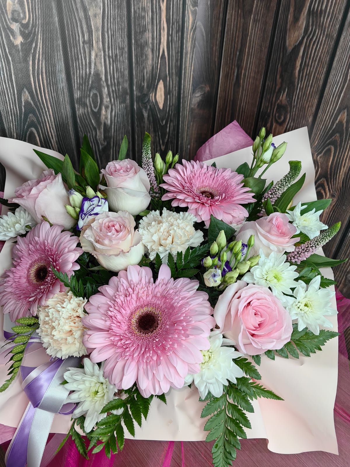 Business Flower Box with Pink Gerberas, Soft Pink Roses, Carnations, and Lisianthus - Image 6