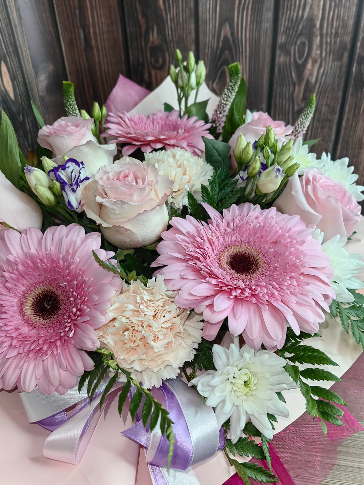 Business Flower Box with Pink Gerberas, Soft Pink Roses, Carnations, and Lisianthus - Image 3