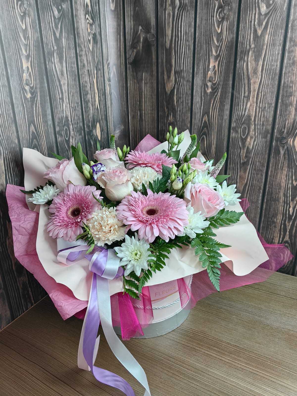 Business Flower Box with Pink Gerberas, Soft Pink Roses, Carnations, and Lisianthus - Image 4