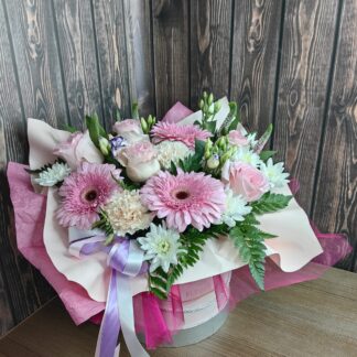 Business Flower Box with Pink Gerberas, Soft Pink Roses, Carnations, and Lisianthus