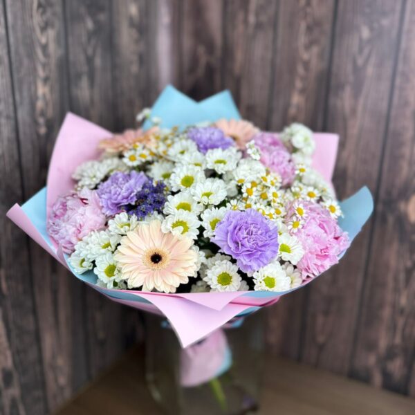 Blush & Sky bouquet with pink and blue hydrangea, chrysanthemums, alstroemeria and carnations