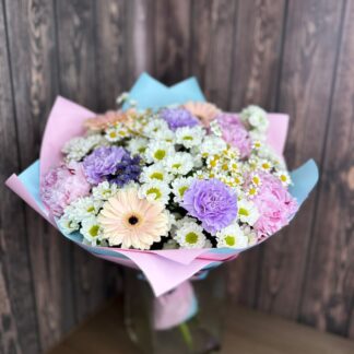 Delicate Pink and Blue Bouquet with Chrysanthemums, Alstroemeria, Hydrangea, and Carnations