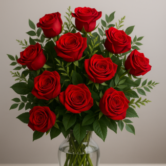 Bouquet of 12 Red Roses with Fern in a Glass Vase