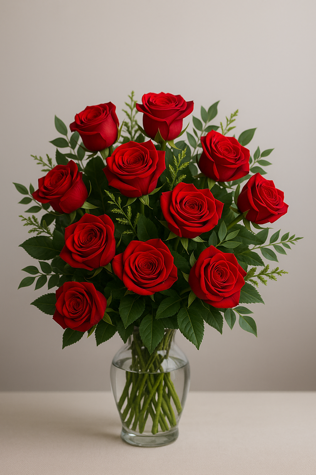 Bouquet of 12 Red Roses with Fern in a Glass Vase