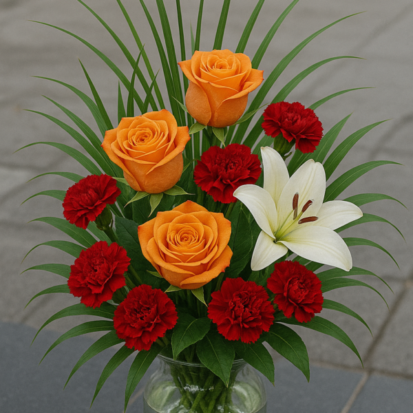 Golden Celebration with yellow roses, red carnations, white lily and greenery in a clear glass vase