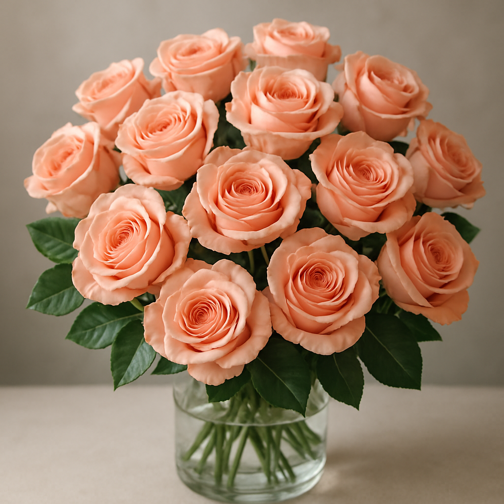 A bouquet in a vase of pink roses