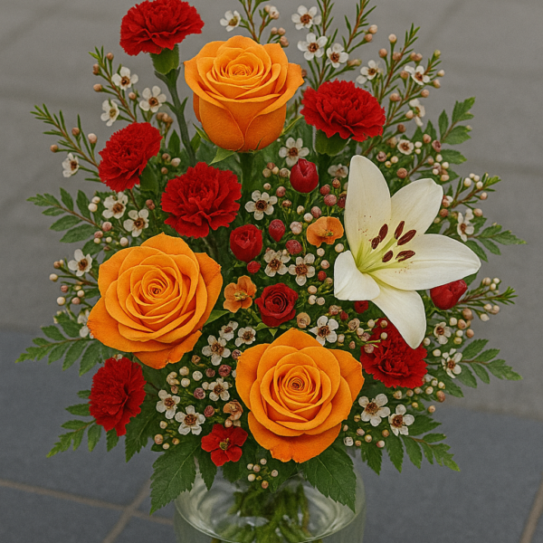 Petal Whisper bouquet with roses, lilies, carnations and waxflower in a glass vase