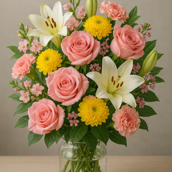 Peachy Glow bouquet with peach roses, lilies, matthiola and yellow chrysanthemums in a vase