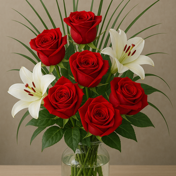 Ruby & Ivory with red roses, white lily and fresh greenery in a clear glass vase