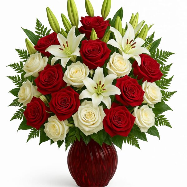 A Contrast of Love bouquet with red roses and white lilies