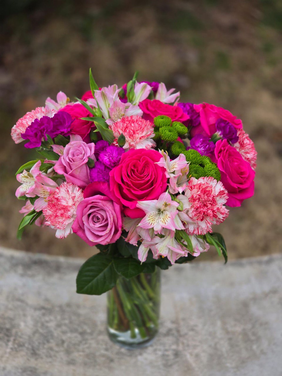 "Floral Inspiration" bouquet with roses, alstroemeria, and carnations in a glass vase - Image 2