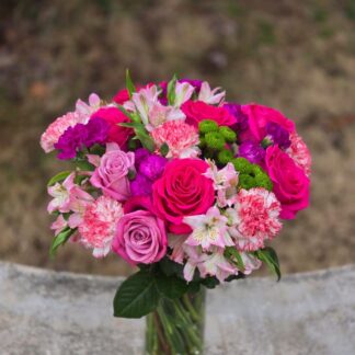 "Floral Inspiration" bouquet with roses, alstroemeria, and carnations in a glass vase