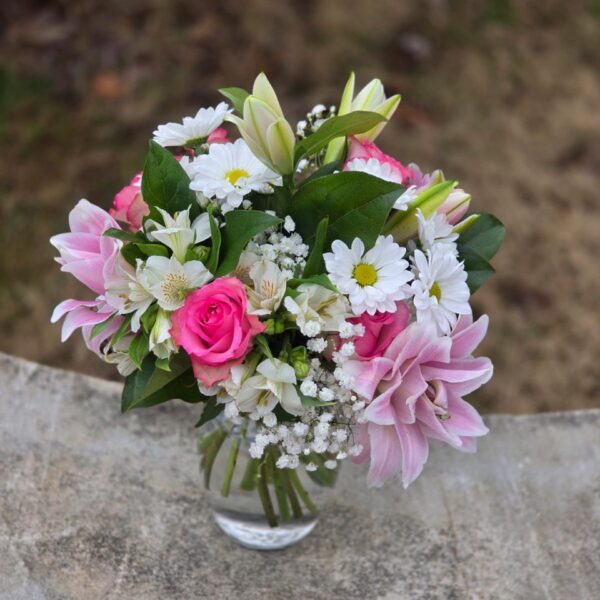 Floral Happiness bouquet with roses, lilies, alstroemeria and fresh greenery