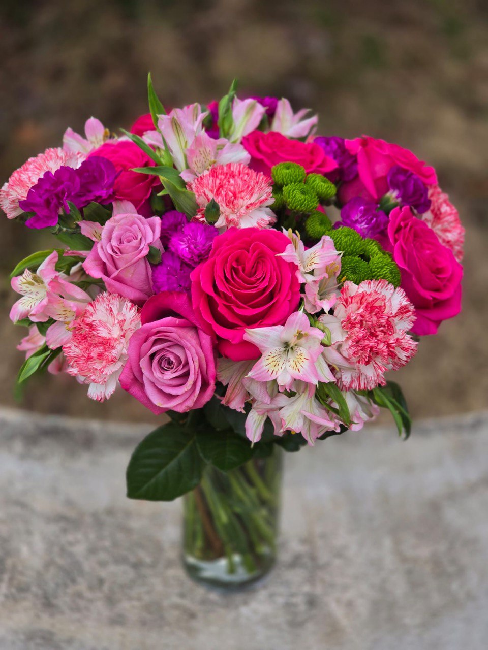 "Floral Inspiration" bouquet with roses, alstroemeria, and carnations in a glass vase - Image 4