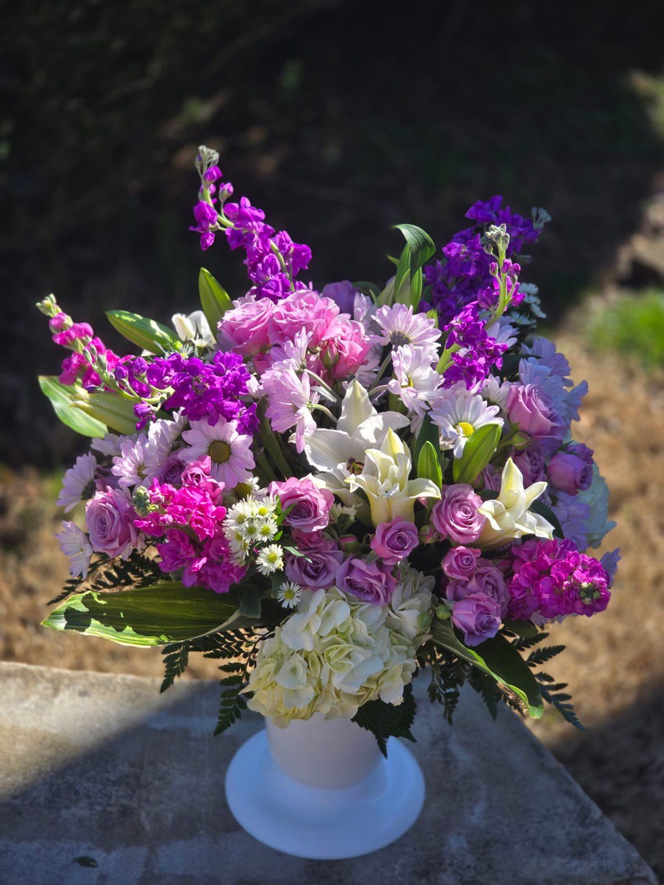 Business bouquet with matthiola, hydrangea, and lily