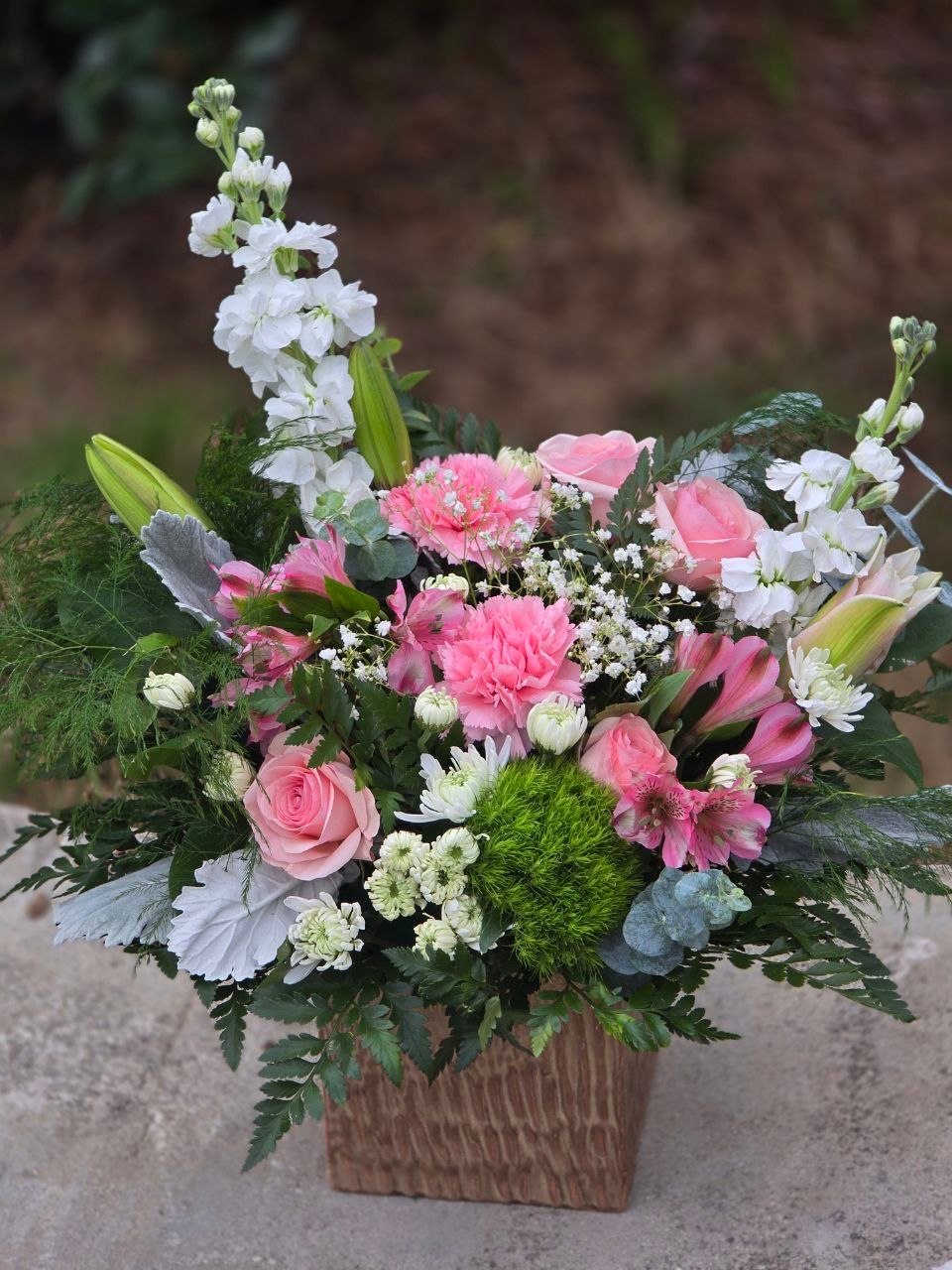 A bouquet in a glass vase with a pink rose, white matthiola, pink alstroemeria, and lily - Image 2